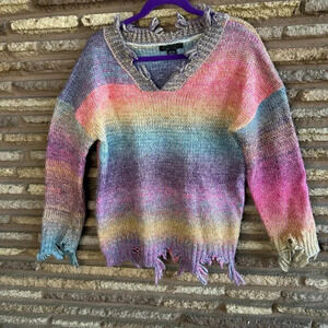 Sabrina Lauren Ombre Rainbow Stripe Raw Edge Sweater Size Large